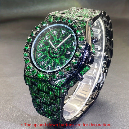 New men's hip hop watch with date party green ice rhinestone clock, fashion quartz watch luxury.