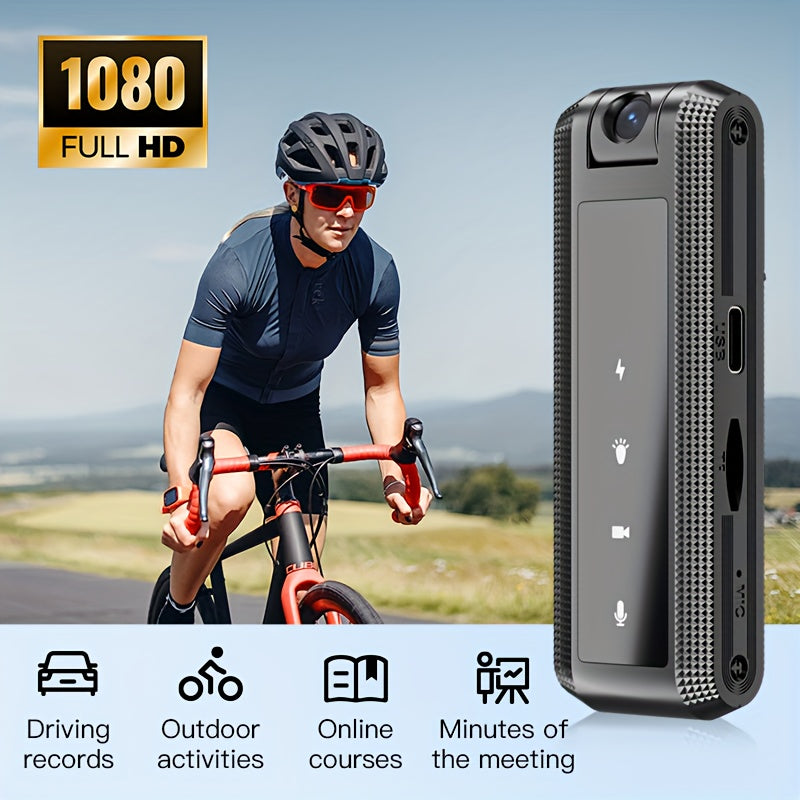 Compact black digital video camera with audio recording, 1080P full HD, night vision, manual focus, rechargeable battery/USB power, TF card slot, ideal for business meetings and outdoor use.