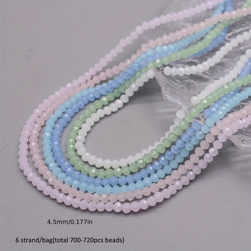 720 pieces of faceted glass rondelle beads measuring 4mm each, sold in a convenient bag. Perfect for crafting jewelry, DIY projects, and adding embellishments to clothing items such as necklaces, bracelets, and more.