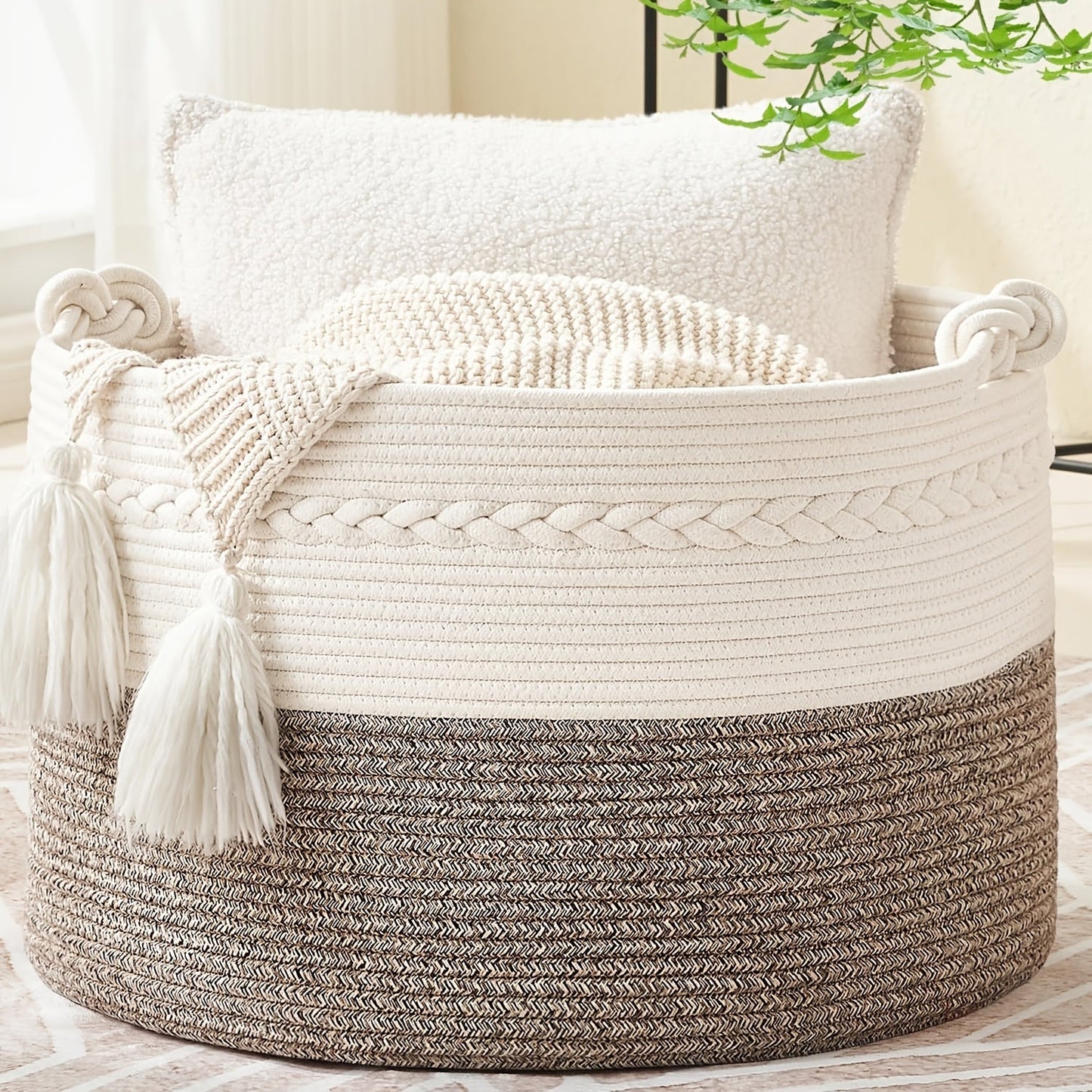 Round Bohemian Style Woven Laundry Basket featuring Handles - Perfect for Bathroom or Living Room Storage - Ideal for Clothes, Towels, Pillows, Toys, and More