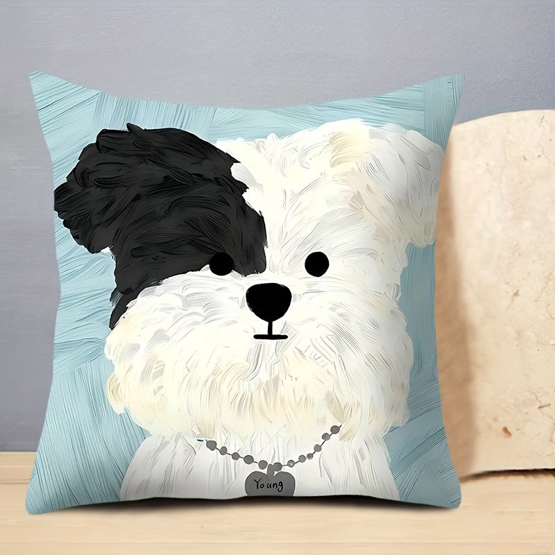 Add a touch of charm with this adorable Double-Sided Puppy Print Throw Pillow Cover. Made from elegant polyester with a zip closure, this cover is machine washable and perfect for adding a cozy feel to your living room or office. (Pillow not included)