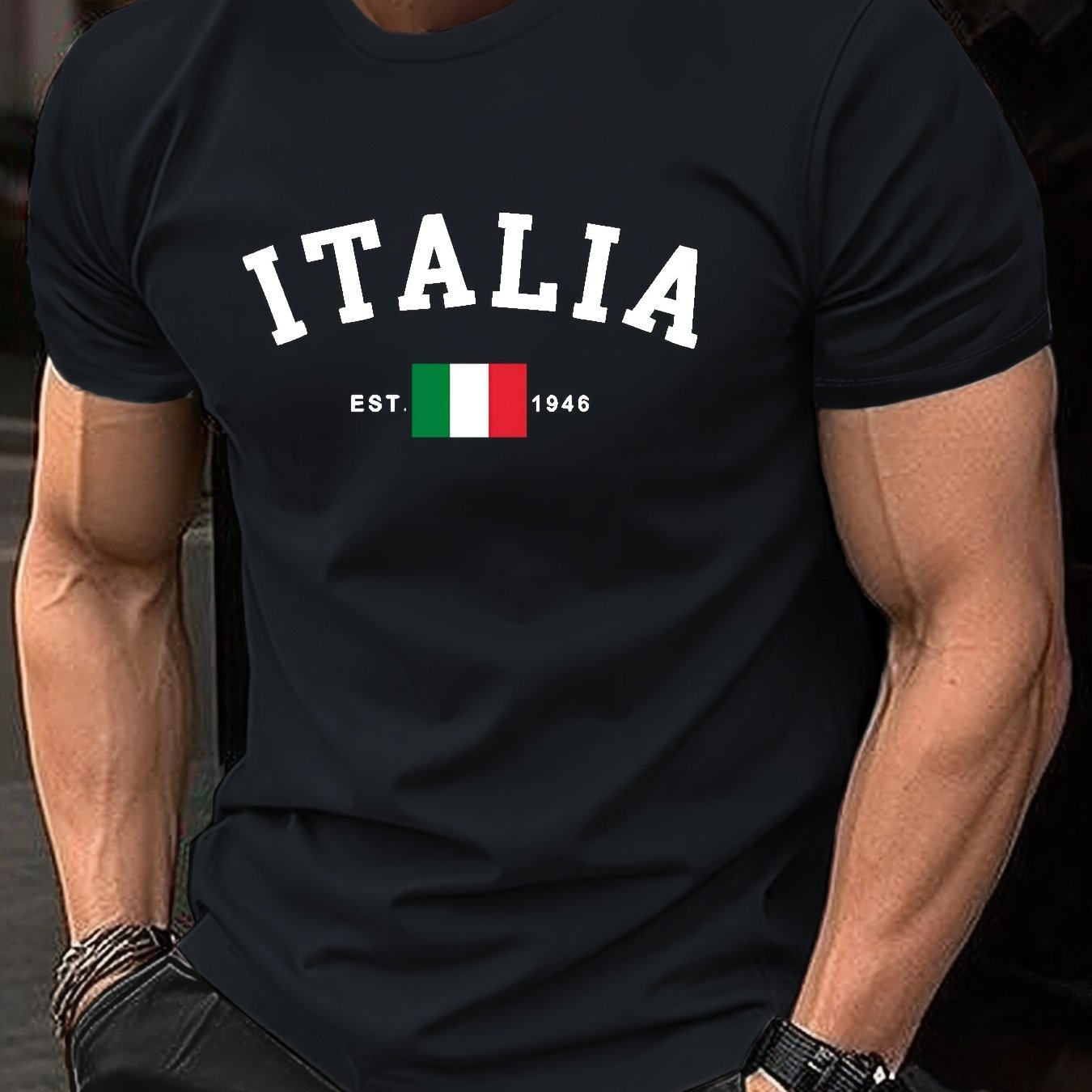 ITALIA Graphic Print Men's T-Shirt - Comfortable & Stretchy, Ideal for Summer Outdoor Activities | Street Style Crew Neck Tee in Black, Burgundy, Dark Green, Blue, Grey, Conventional