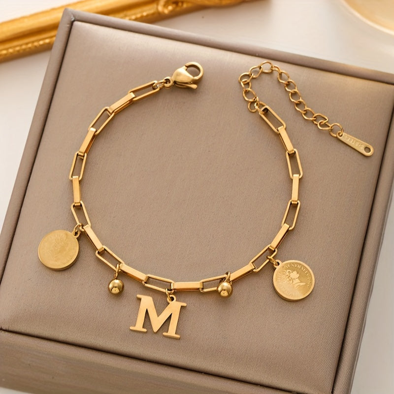 Golden-toned stainless steel bracelet for women, hip-hop inspired with "S" letter and round charms, 18K golden plated - perfect gift for girls