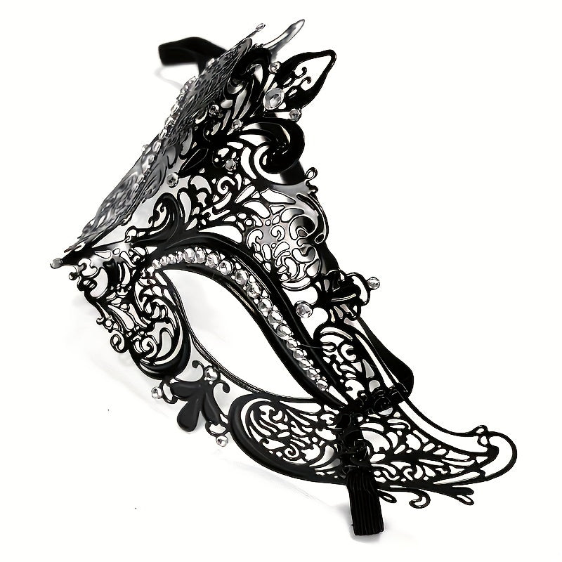 Venetian Party Prom Ball Metal Masquerade Mask adorned with Rhinestones for Women at Halloween Carnival Mardi Gras festivities.