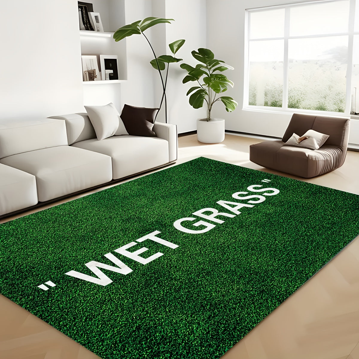 Soft, non-slip area rug featuring a chic green grass and English letter design. Machine washable for easy care, this rug is perfect for any room in your home including the living room, bedroom, kitchen, and more. Add a touch of style to your space with