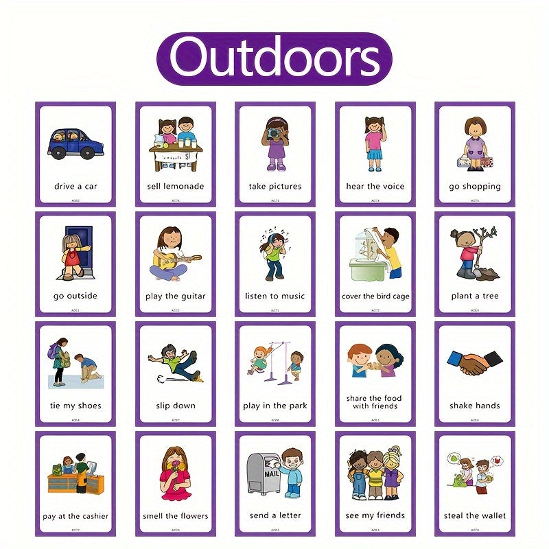 Total Physical Response flash cards for English language learning, includes 50 cards for ages 4-12.