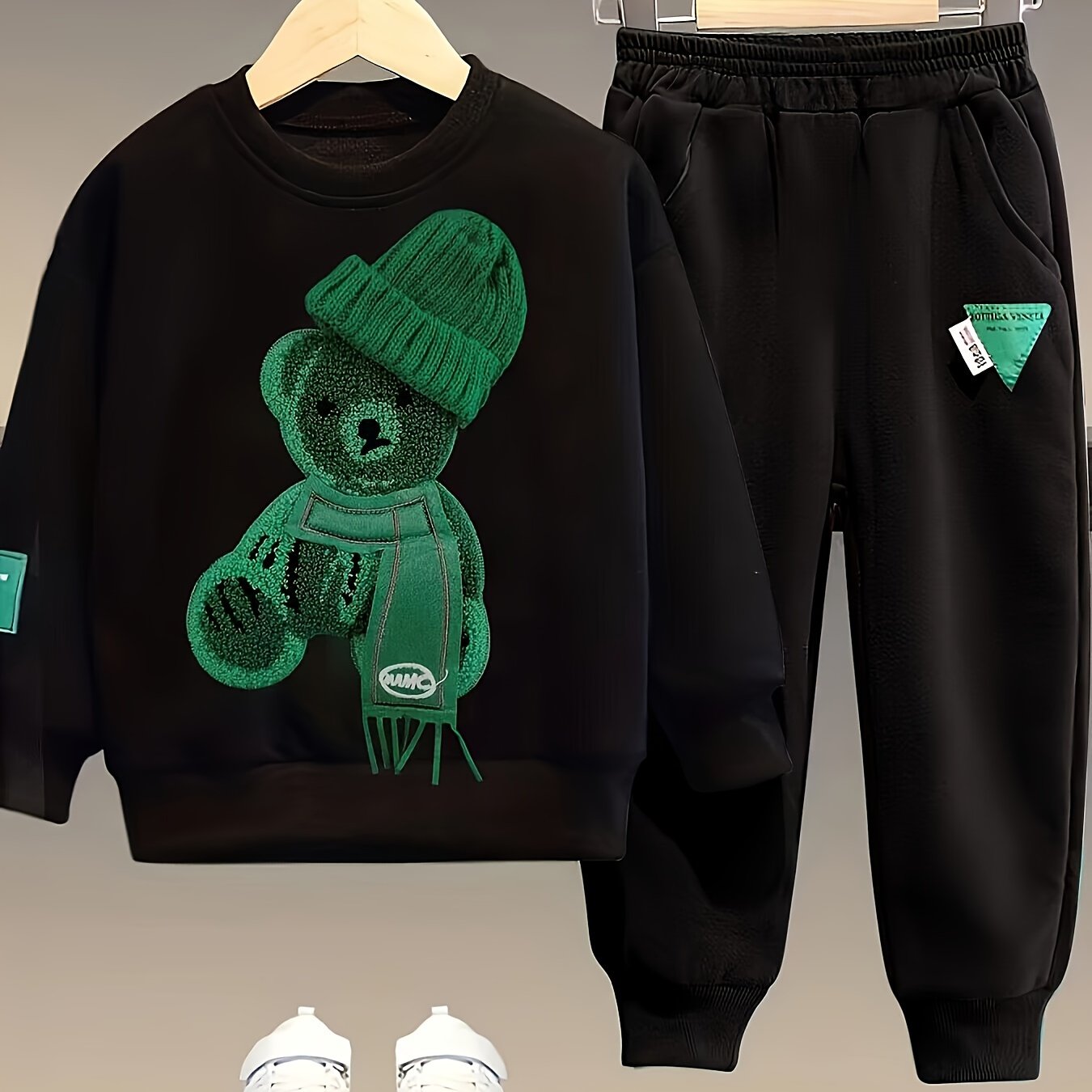 Children's Fashion Casual Clothes Set including Boys' Spring and Autumn Sweater, Pants, and Three-dimensional Cartoon Scarf Bear Long Sleeve Top.