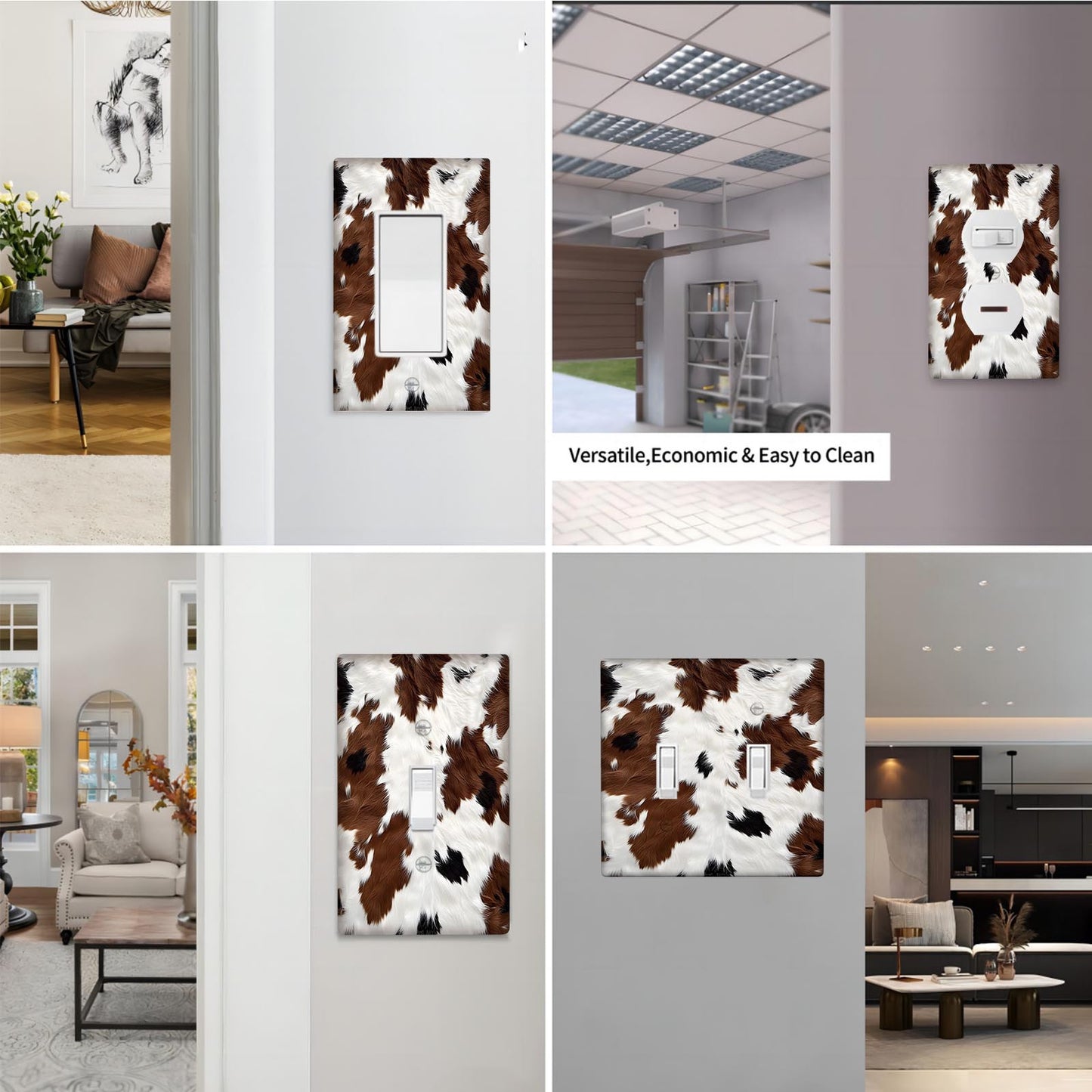 Western cow-print light switch cover for bedroom and bathroom walls, available in 1 or 2 gang sizes.