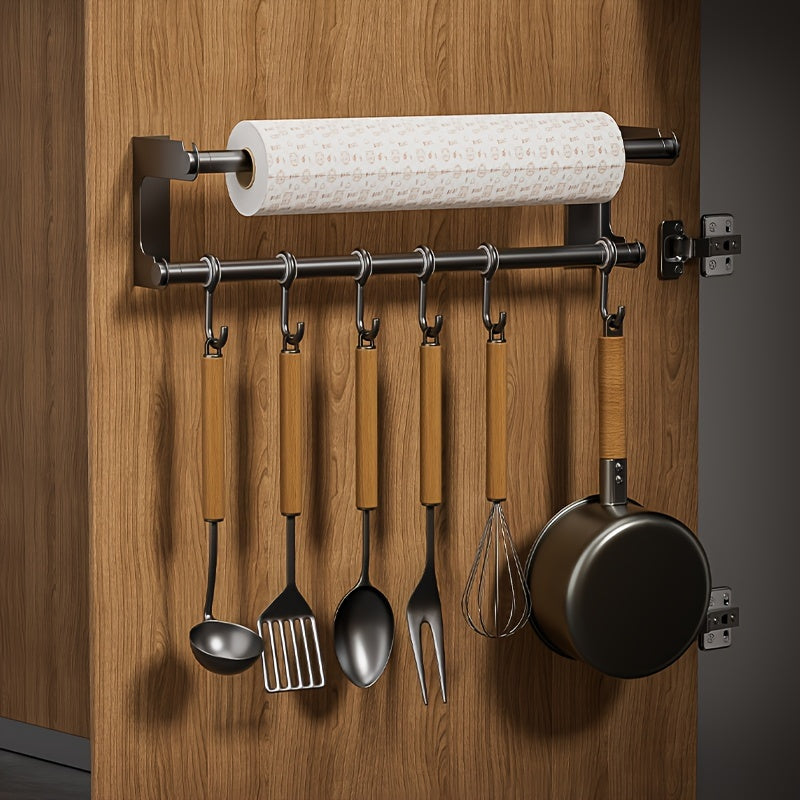 Wall-Mounted Stainless Steel Kitchen Organizer with Tissue Holder, Hook Rack for Utensils and Accessories Storage