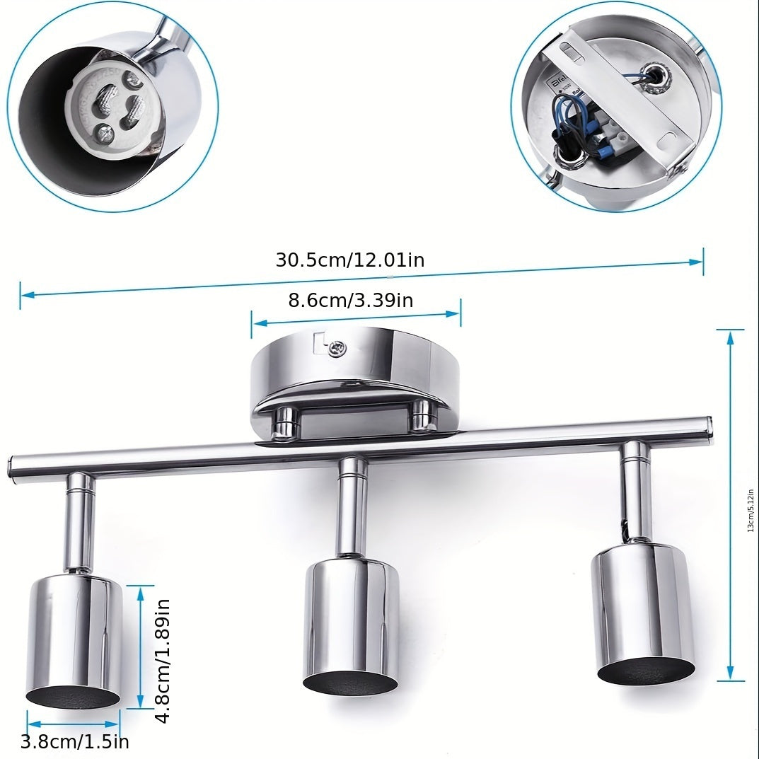 1pc 3-light track lighting in chrome with rotatable head and GU10 LED bulbs, suitable for indoor use in living rooms, hallways, and studios. Bulb not included.