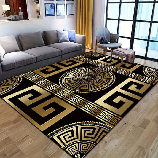 Opulent Gold Lettering & Swirling Disc Pattern Rug - Plush, Anti-Skid, Easy-Care Polyester Mat for Living Room, Bedroom, Nursery, and Outdoor Use