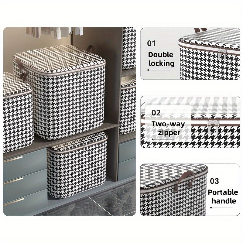 Large capacity houndstooth storage box with faux leather handles. Ideal for organizing clothes, bedding, pillows, and toys at home.