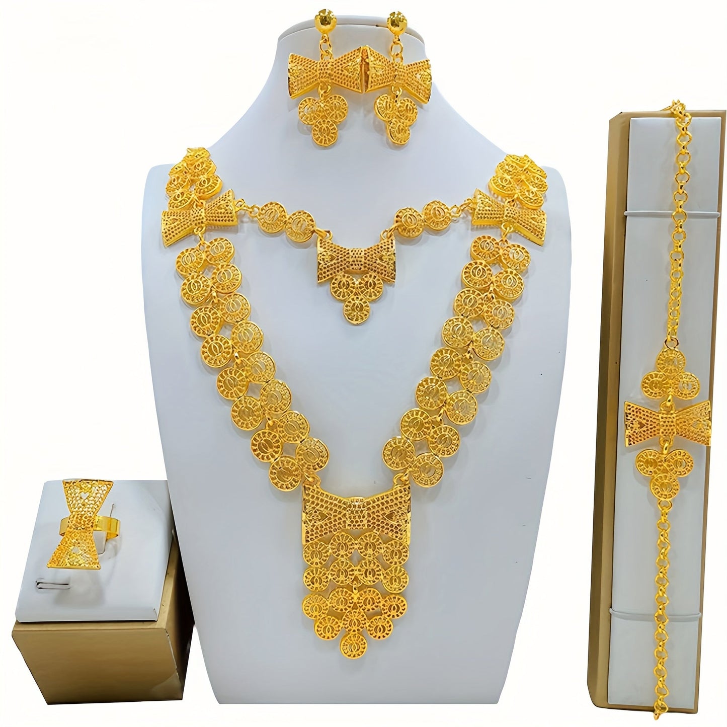 Elegant Bridal Jewelry Set - 5-Piece Stunning Alloy Necklace, Earrings, Ring, and Bracelet Combination Perfect for Weddings and Special Occasions