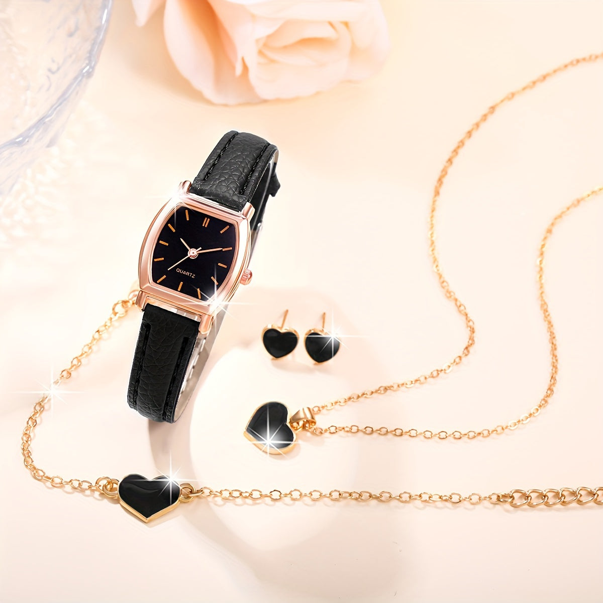 Middle East Ramadan Ladies Watch Set includes 5pcs women's quartz watches with brown PU straps, heart necklace, earrings, and bracelet. Suitable for parties, holidays, birthdays, or as a