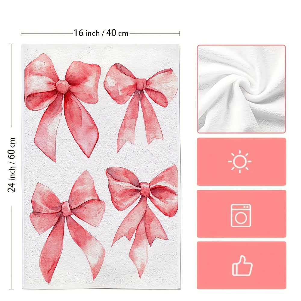 Two ultra soft kitchen towels featuring a Valentine's Day bows design. These towels are highly absorbent, machine washable, and measure 40.64x60.96 cm. The contemporary red bow pattern is perfect for holiday decor.