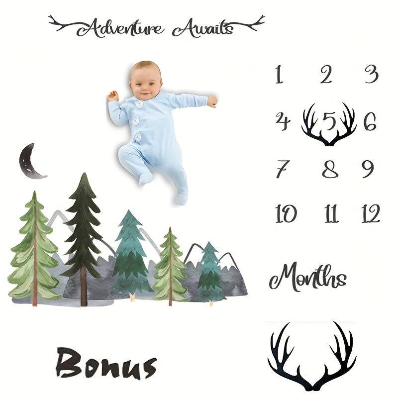 Monthly milestone blanket for your baby, featuring a felt frame and mountain design. Perfect for tracking your little boy's growth and decorating your woodland nursery. Ideal for baby showers, measuring 60x40 inches.