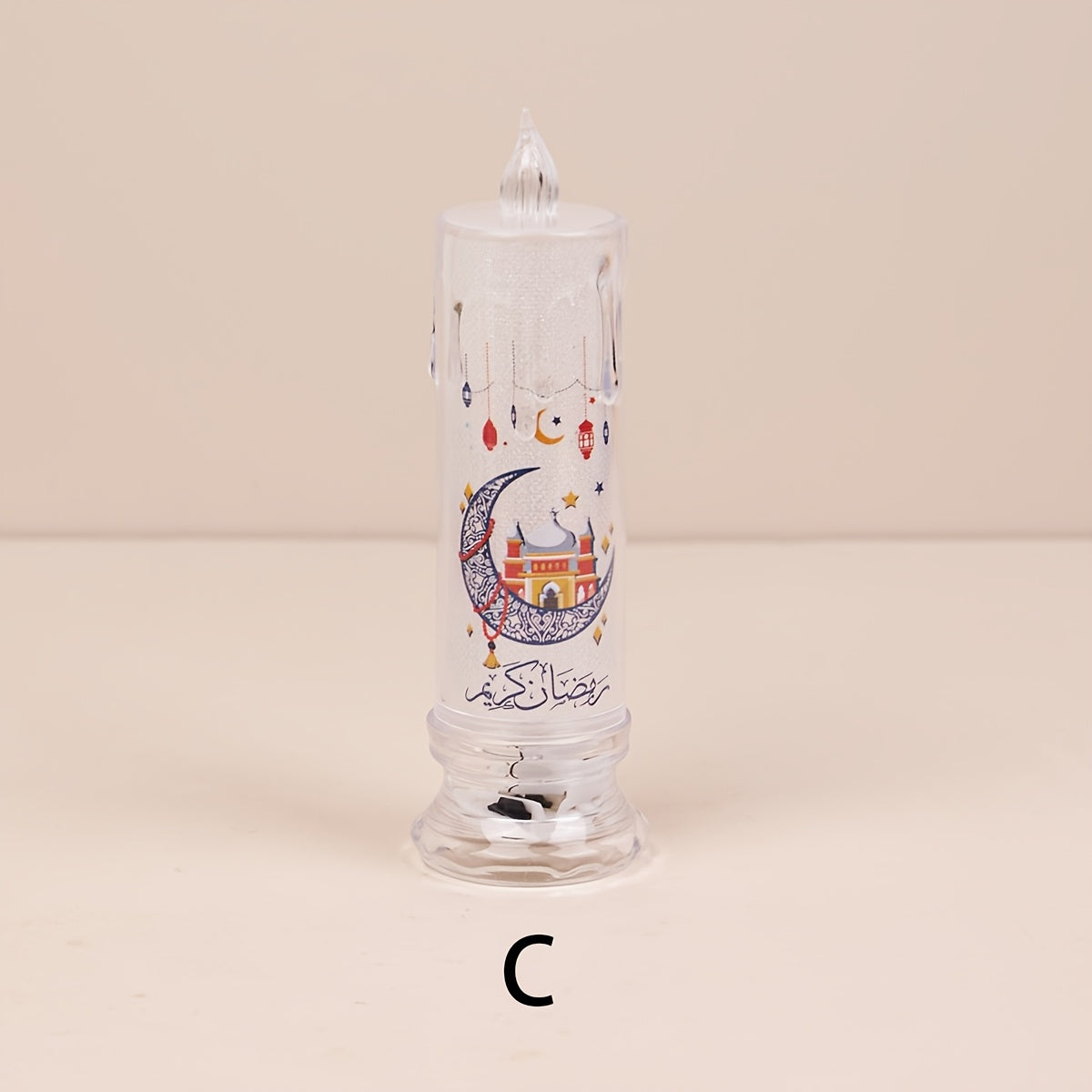 Battery-operated LED candle light for Ramadan decorations and festive atmosphere, made of plastic material with button battery power. Ideal for Ramadan, bedside, scene props, and party supplies.