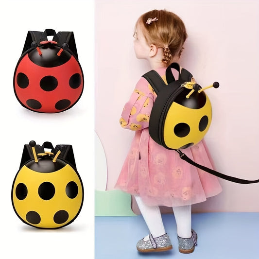 Durable, waterproof ladybug backpack for toddlers 1-3 years. Adjustable straps, stain-resistant, EVA material with yellow & black polka dot design. Perfect for boys & girls.