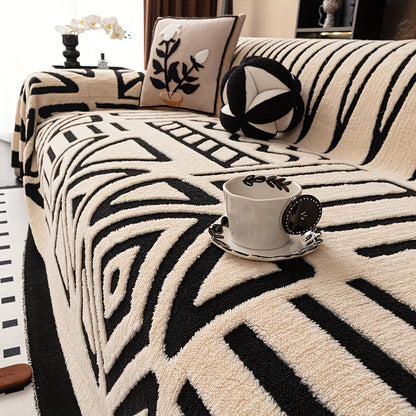 Modern Geometric Plush Sofa Cover in Black & White, All-Season, Dust-Proof, Pet-Friendly. Fits Single to Four-Seater Sofas. Machine Washable. Ideal for Living Room & Bedroom.