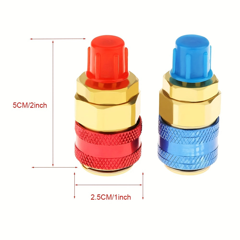 2 pieces of AC R134A quick coupler connector adapters with high and low manifold fittings. These brass adapters are suitable for air conditioning refrigerant systems.