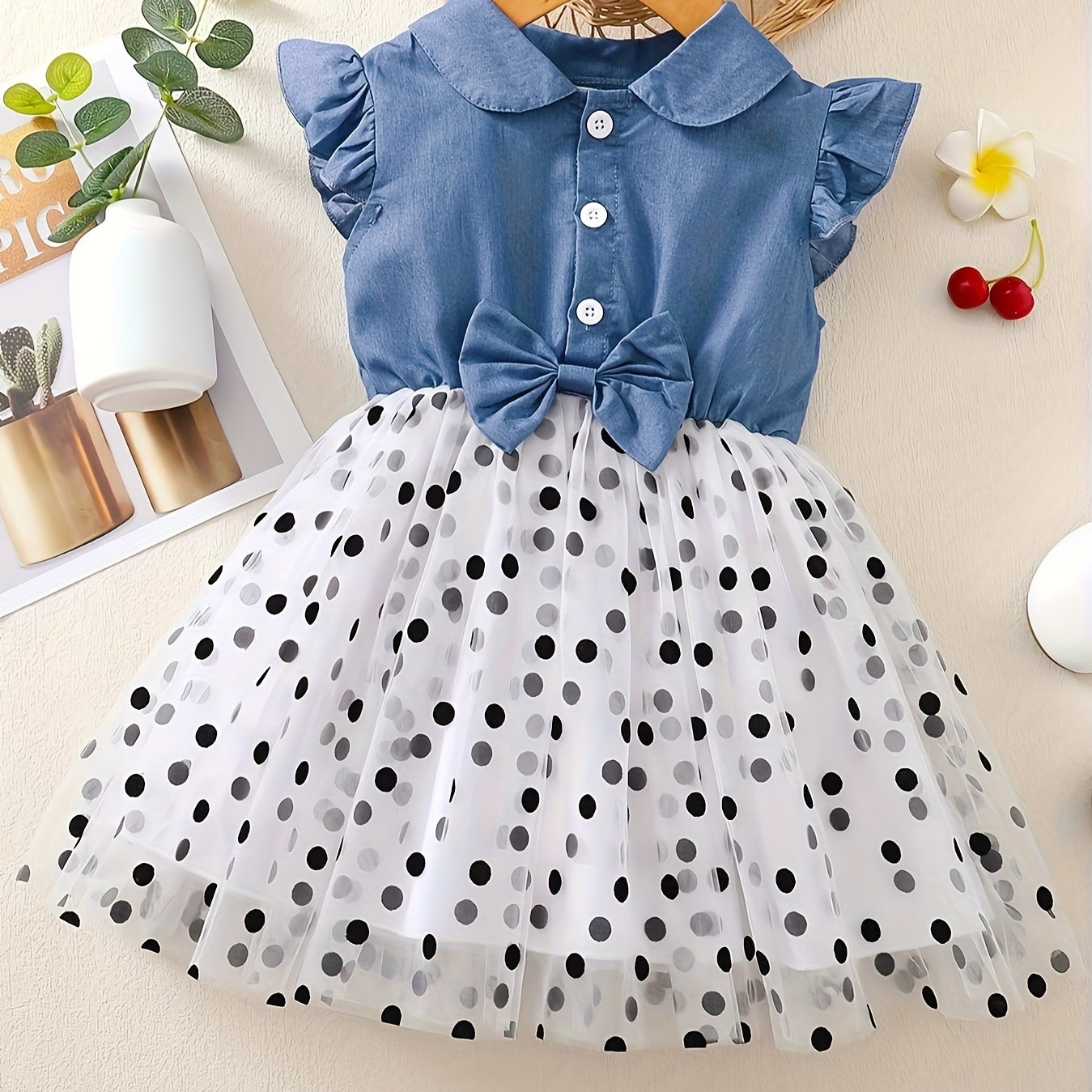 BrownBark 100% Cotton Girls Imitation Denim Print Dress with Polka Dots Mesh, Buttons, and Bow for Summer Party