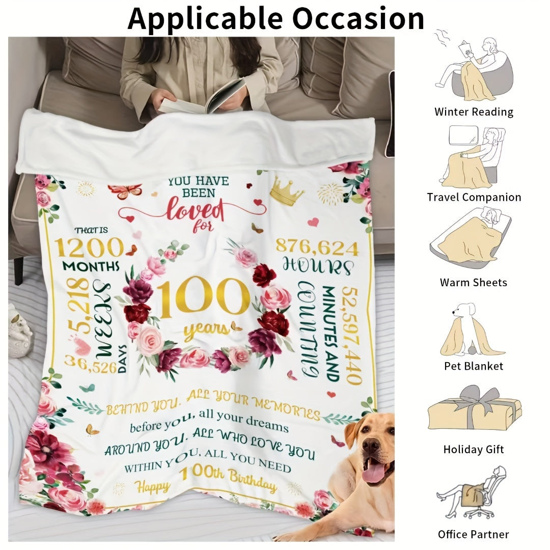 A beautiful Floral Centenarian Celebration Blanket - the perfect 100th Birthday present for beloved elderly women, mothers, and grandmothers. This all-season comfort blanket is machine washable and versatile, serving as a cozy fleece throw with a lovely