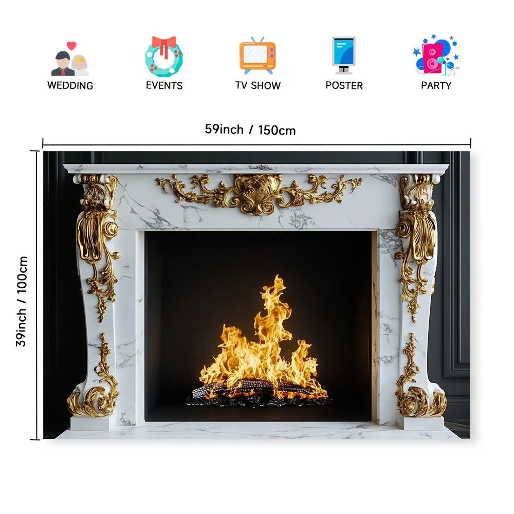 Classy White Marble Fireplace with Beautiful Golden Baroque Details - Perfect Polyester Background for Photoshoots, Events & Seasonal Decor