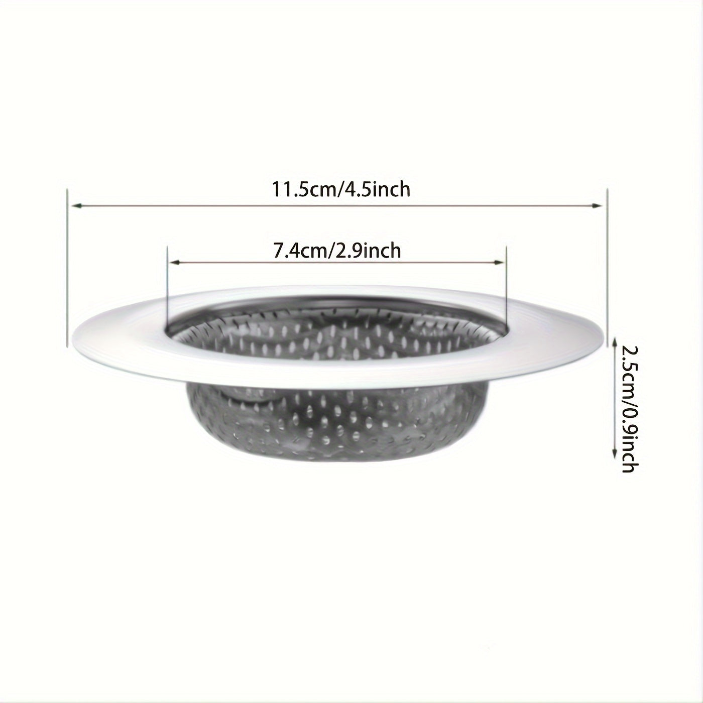 This stainless steel kitchen sink strainer has a large capacity and a wide rim measuring 11.43cm. It fits most drains and includes a food catcher basket.