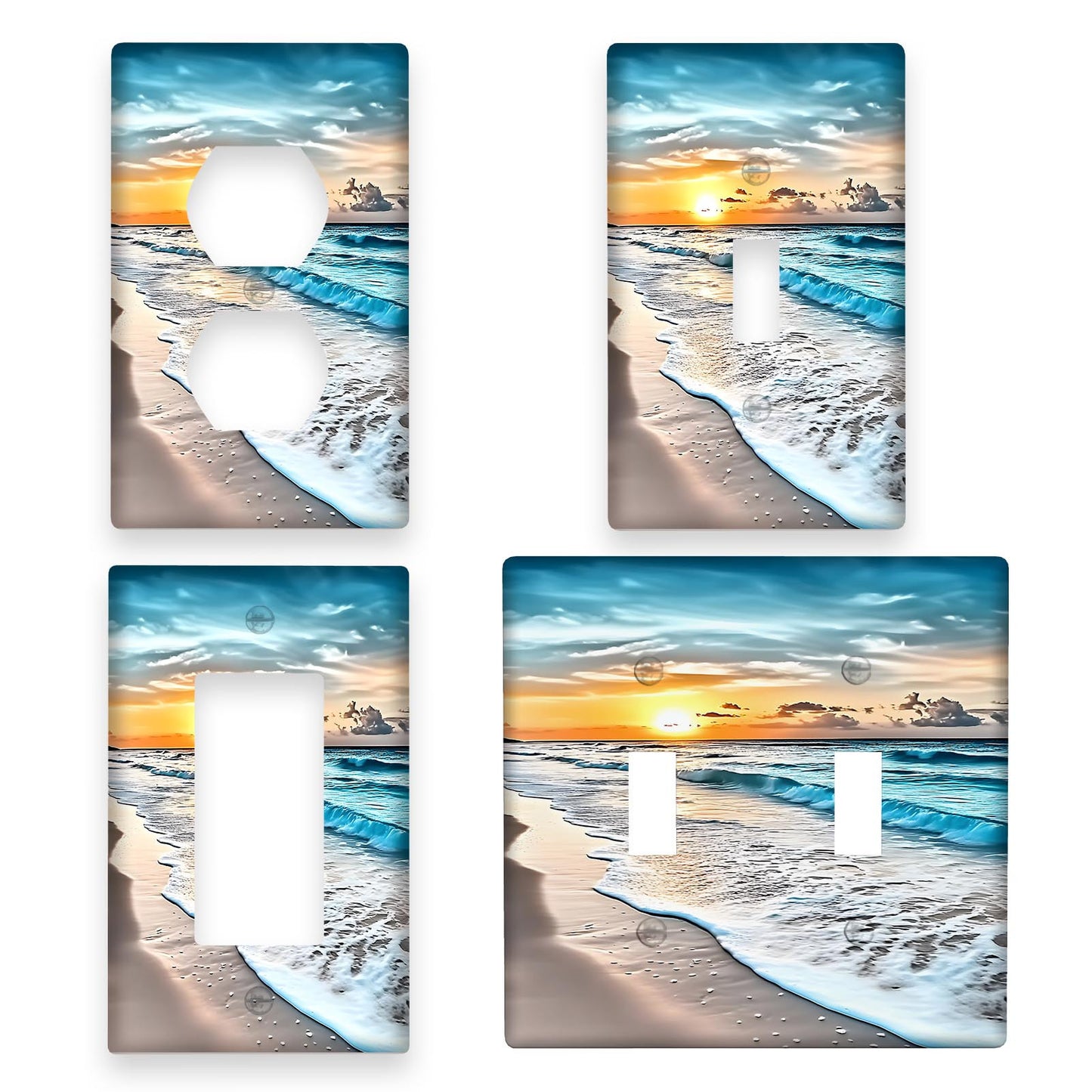 Coastal sunset beach scene switch plate for easy, dust-proof installation in 1 or 2-hole switches, perfect for bathroom and bedroom decor.