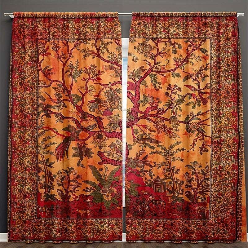 Set of 2 Boho Hippie Window Curtains featuring Life Tree Design - Perfect Room Decor for Bedroom, Living Room, or Dorm Room - Cozy and Trendy Home Décor