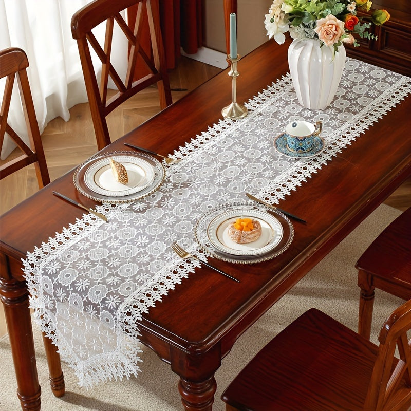 Polyester table runner with white embroidery flowers and lace edge, perfect for room or dining table decor.