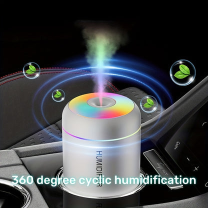 Compact portable humidifier with aromatherapy feature, USB-powered, 180ml mist volume, LED lights, suitable for car and home use, compatible with essential oils (battery not included).