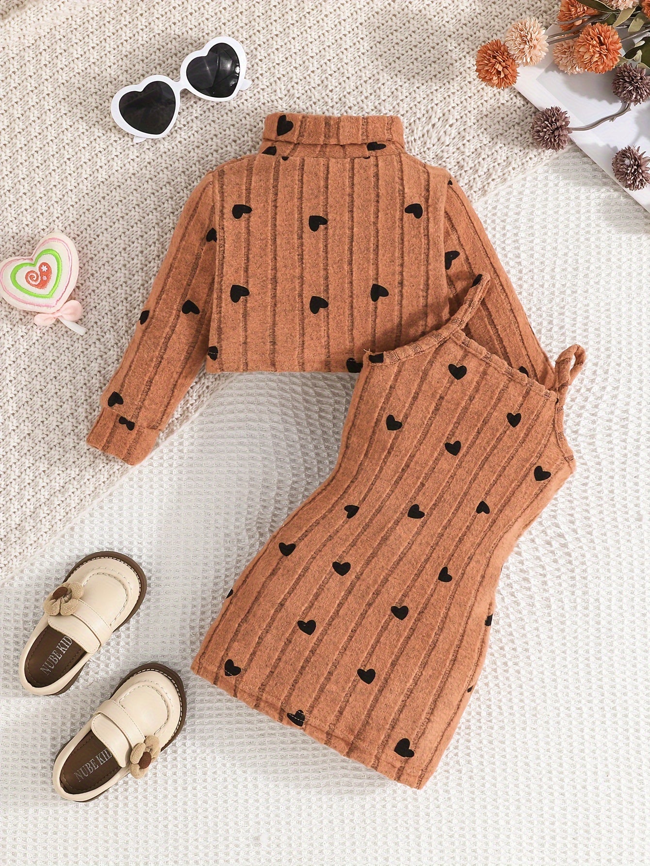 Baby Girl Outfit Set: Rib Knit Dressy Style with Geometric Pattern. Includes Long Sleeve Top with Heart Print and Slim Fit Camisole Dress Combo made of Polyester & Spandex. Perfect for