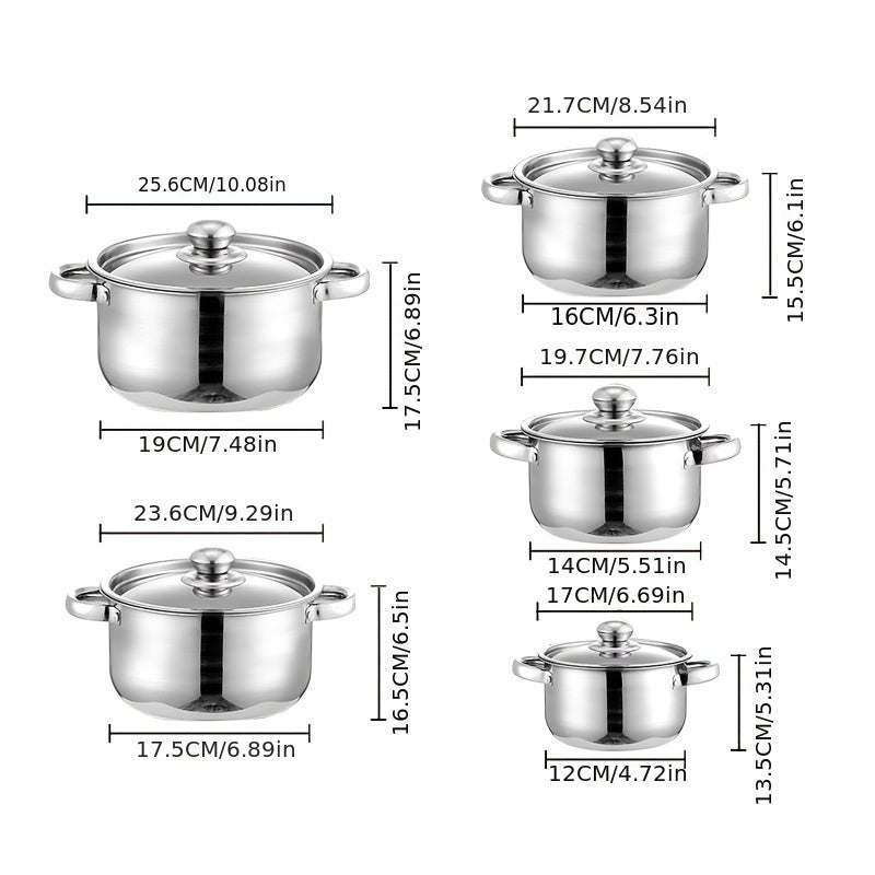 Set of 10 Stainless Steel Soup Pots with Gold-Plated Double Handles, Long-Lasting Cookware Finish, Must-Have Kitchen Items