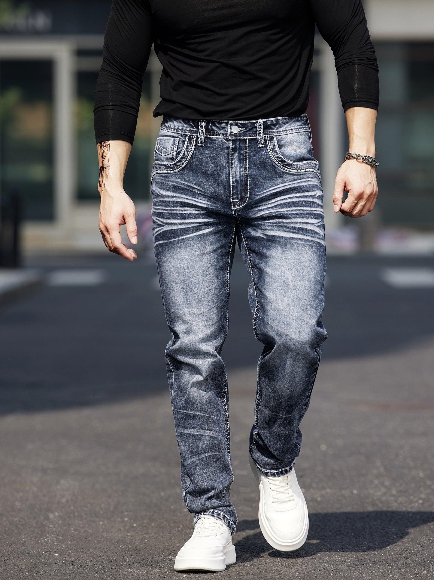 Men's Vintage-Inspired Embroidered Stretch Jeans with Patchwork Detailing - Slim Fit, Mid-Rise, Machine Washable