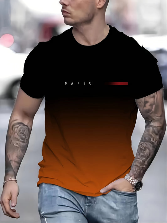 Men's 3D printed sports t-shirt in gradient color, made of 100% polyester with crew neck, regular fit, and summer knit fabric. Perfect for casual sportswear, with smooth texture and