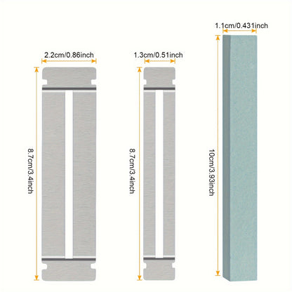 Guitar fretboard maintenance kit with metal protector and grey dressing stones for various string instruments.