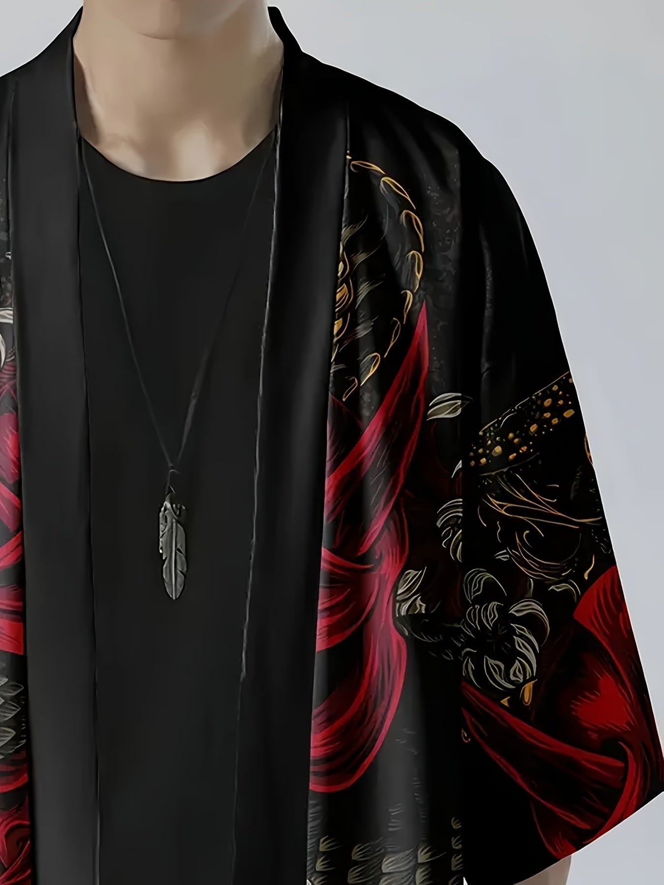 Japanese-style kimono shirt for men with ghost and snake illustration pattern, three-quarter sleeves, and open placket. Perfect for summer streetwear.