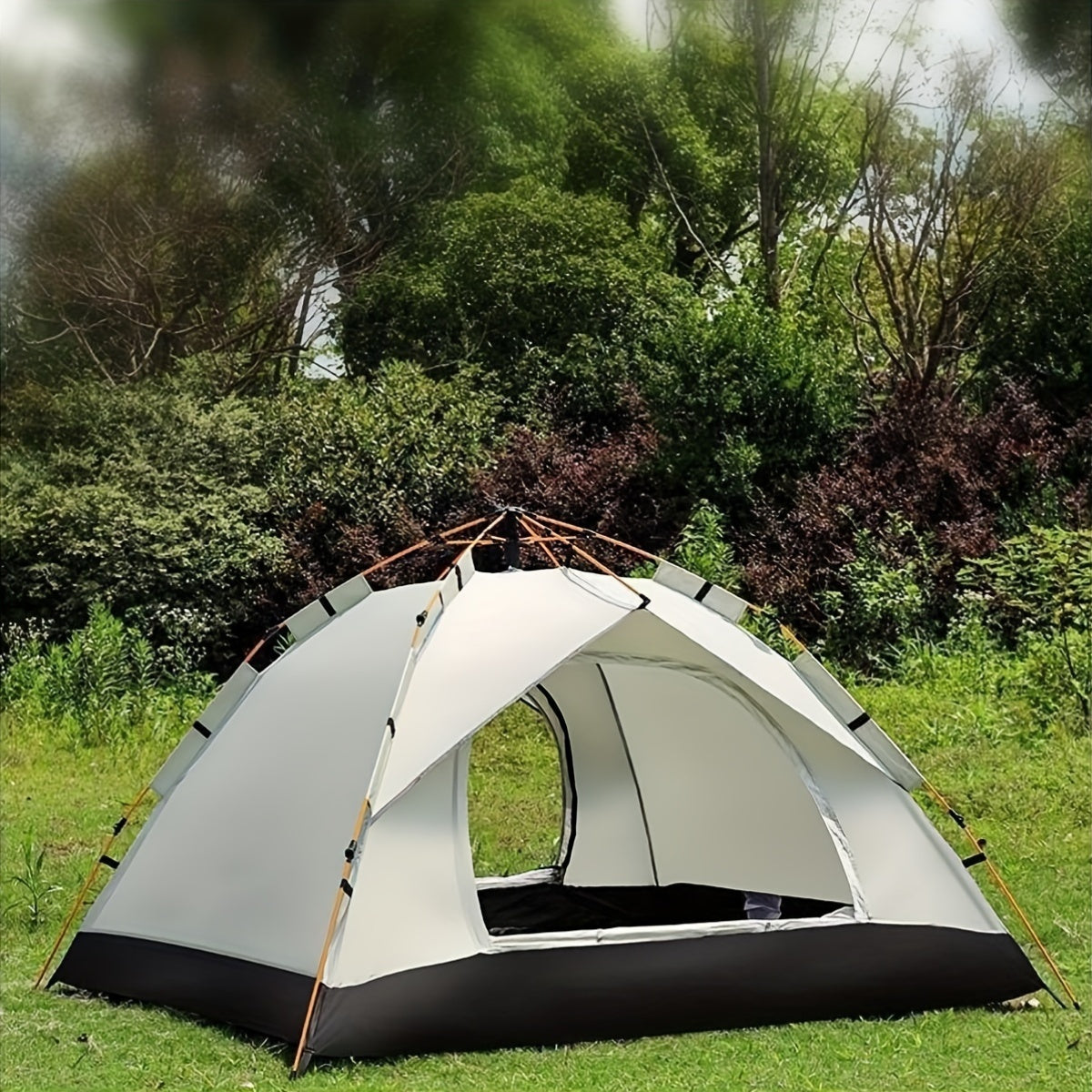 4-person pop-up tent with fiberglass poles, square Oxford cloth, 3-second setup, waterproof zipper closure, ideal for hiking, travel, and beach.