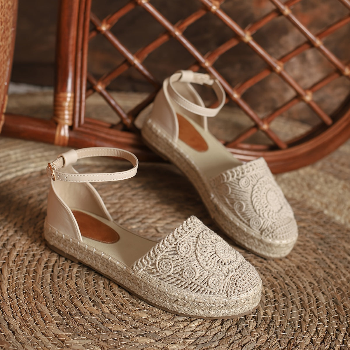 Women's straw woven platform sandals with closed toe and ankle straps, perfect for vacation.