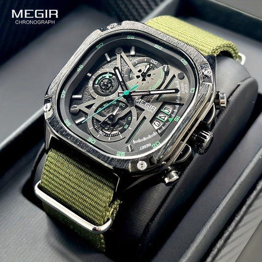 MEGIR Black Quartz Watch for Men with Chronograph, Stainless Steel Strap and Auto Date, Square Dial with Luminous Hands.