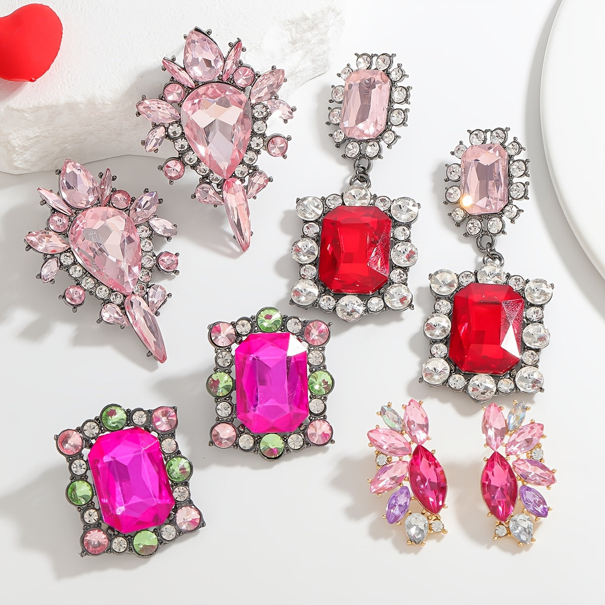 Surprise Her with a Stunning Valentine's Day Gift - Chic Pink and Red Rhinestone Earrings, featuring Unique Oval and Teardrop Shapes adorned with Sparkling Details, Made of High-Quality Alloy with Stainless Steel Posts, Perfect for Special Events and