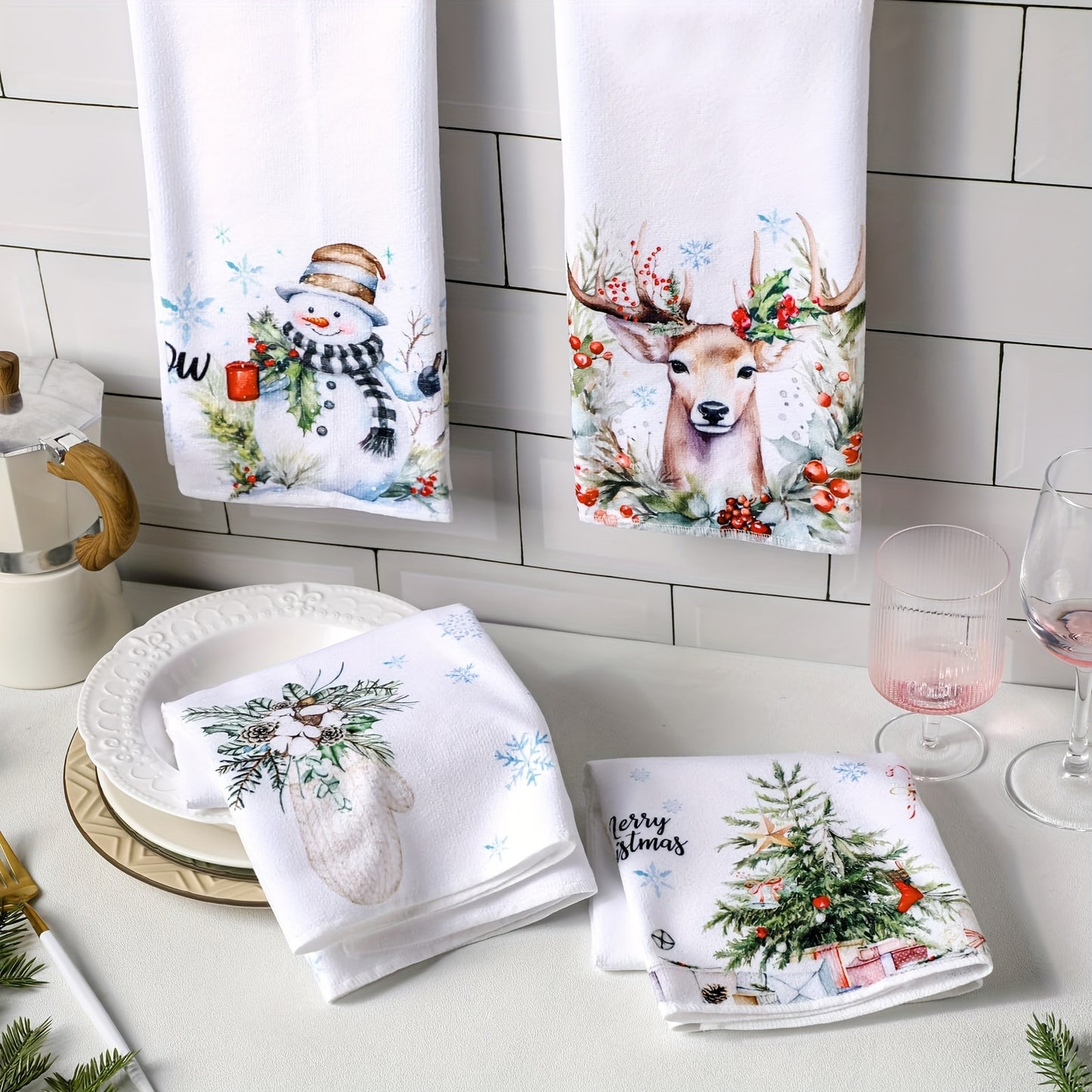 2-piece Christmas kitchen towel set with absorbent design featuring Christmas tree, snowflake, snowman, and winter watercolor reindeer. Perfect for housewarming bathroom supplies.