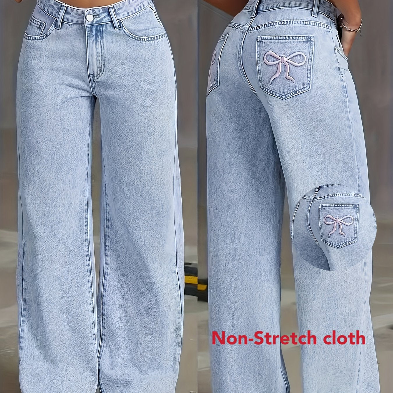 High-rise light wash blue denim wide-leg pants with butterfly details - street style, non-stretch fabric, machine washable.