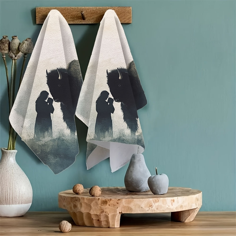 Set of 2 Ultra Soft Kitchen Towels featuring a Watercolor Bison and Human Silhouette Design. Made with highly absorbent polyester, these dish hand towels are machine washable and measure 40.64x60.96 cm. Perfect for adding a touch of holiday decor to your