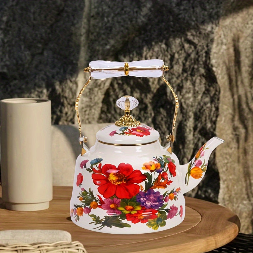 Vintage Floral Design Enamel Tea Kettle with Handle - Large Capacity Stovetop Teapot for Classic Afternoon Tea in the Garden, Handcrafted with Traditional Expertise - Non-Electric