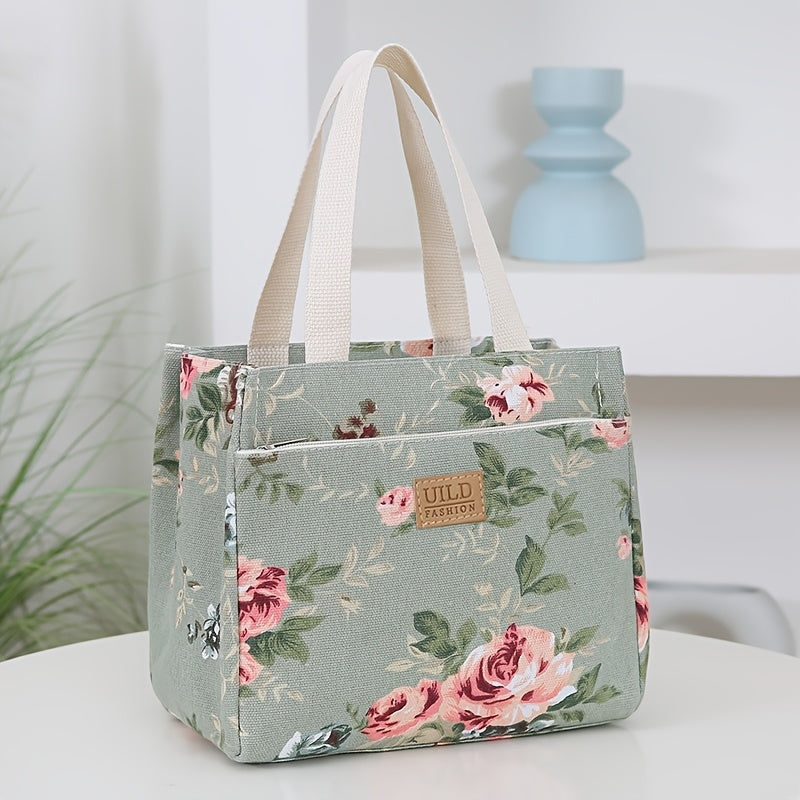 Waterproof Large Capacity Insulated Lunch Bag with Aluminum Foil - Floral Canvas Design, Keeps Food Fresh All Day for Work, Travel & Picnics