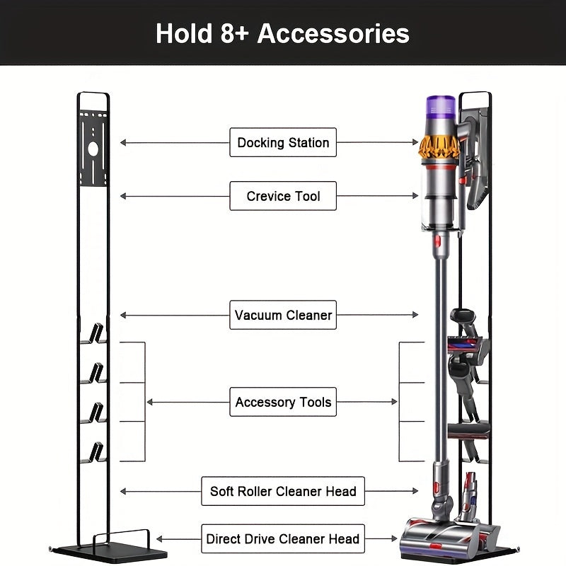 Compatible with V15, V12, V11, V10, V8, V7, and V6 models, this vacuum cleaner stand comes with wheels for easy mobility. It features power storage and is also compatible with handheld cordless vacuum cleaners, accessories, and attachments. With its