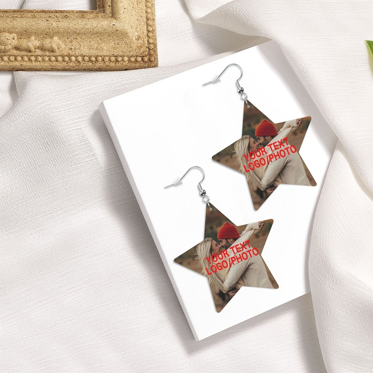 Beautiful pair of personalized leather star earrings, with custom text/photo/logo design, made with 925 silver plating. Perfect for special occasions like anniversaries, weddings, Mother's Day, birthdays, and Christmas. This versatile jewelry is suitable