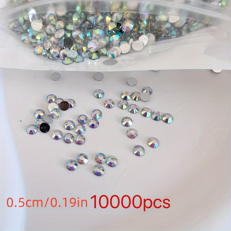 10,000 pieces of Crystal AB Flatback Rhinestones available for Nail Art, DIY Crafts, and Jewelry Making. These Non-Hotfix Resin Gems are perfect for adding a touch of sparkle to your projects.